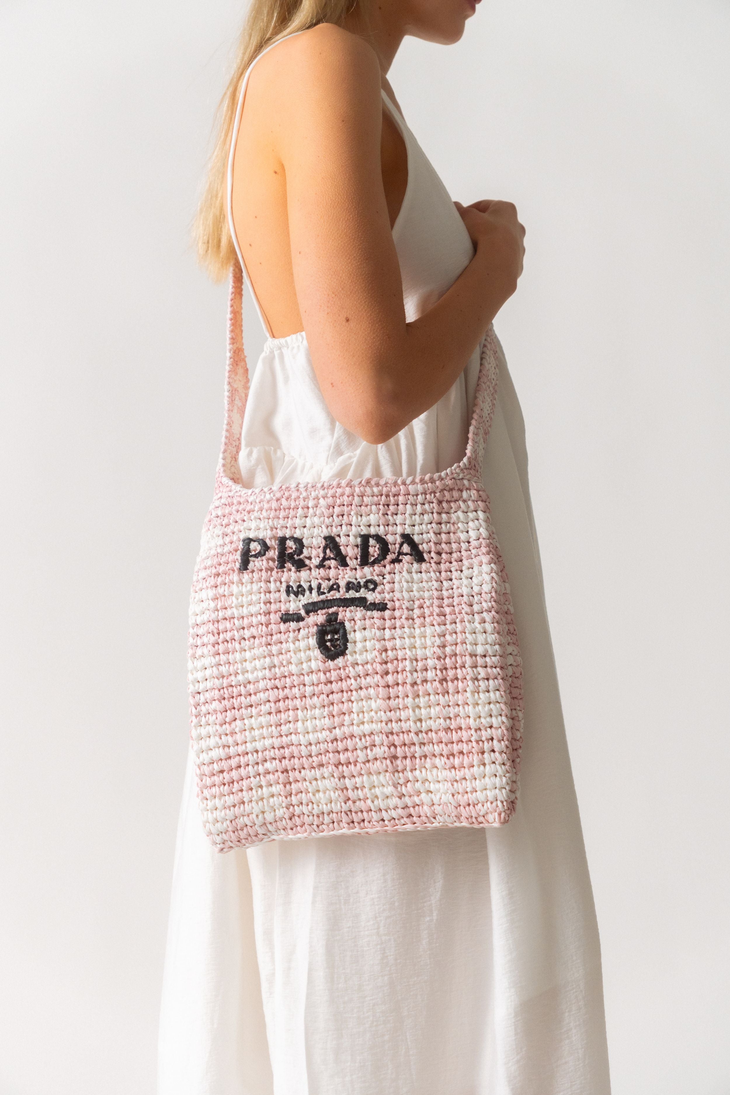 Prada Logo Raffia-Effect Pink Shopper