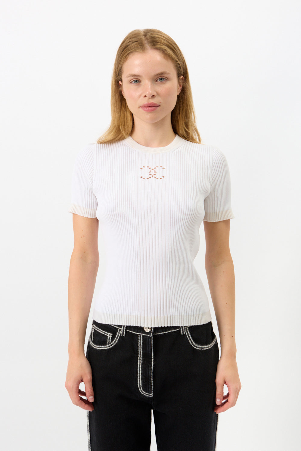 Chanel White T Shirt Size 36 With Rhinestones CC logo | eBay