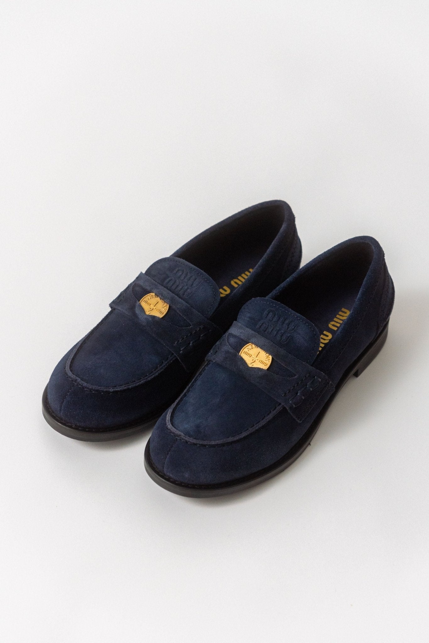 Bessette - Miu Miu Logo Navy Suede Loafers (38 EU)