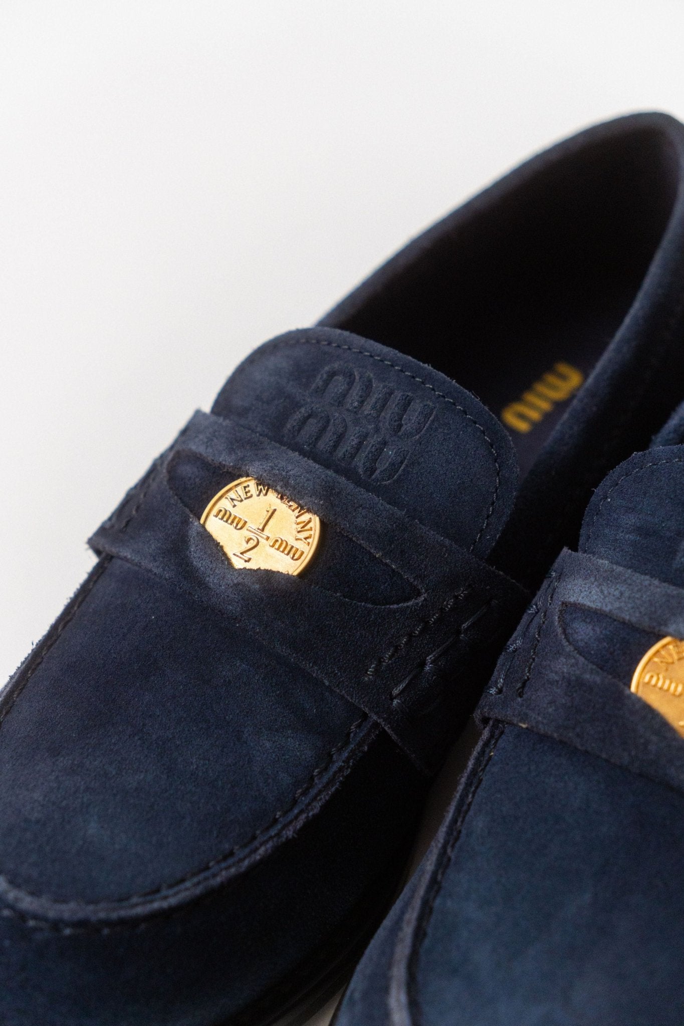 Bessette - Miu Miu Logo Navy Suede Loafers (38 EU)