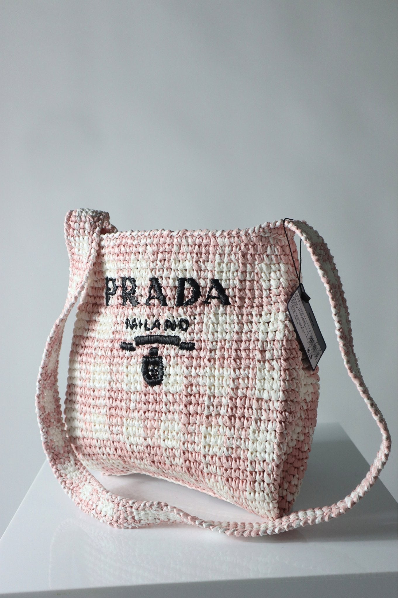 Prada Logo Raffia Effect Pink Shopper